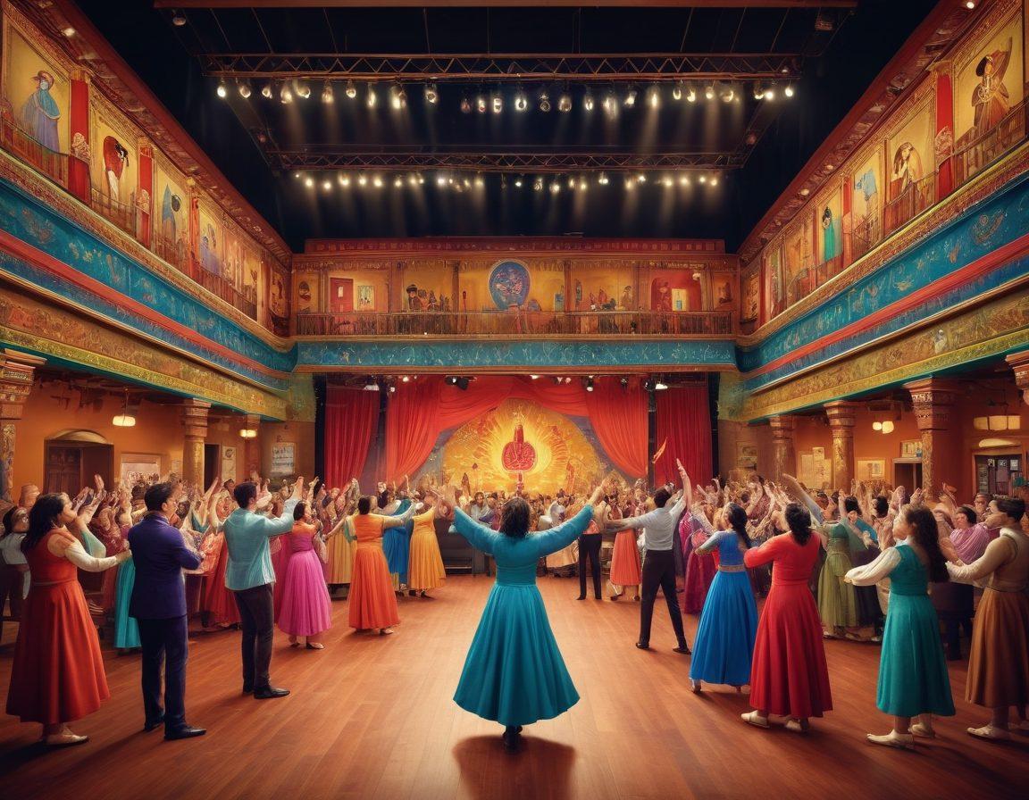 A vibrant community theatre scene showcasing passionate performers on stage, surrounded by an engaged audience clapping enthusiastically. The backdrop features colorful set designs representing various local cultures, with a spotlight illuminating the main actors. Include banners and posters of past performances in the lobby area, illustrating the rich history of the theatre. The atmosphere should feel lively, blending elements of joy, artistry, and community spirit. dynamic illustration. vibrant colors. 3D.
