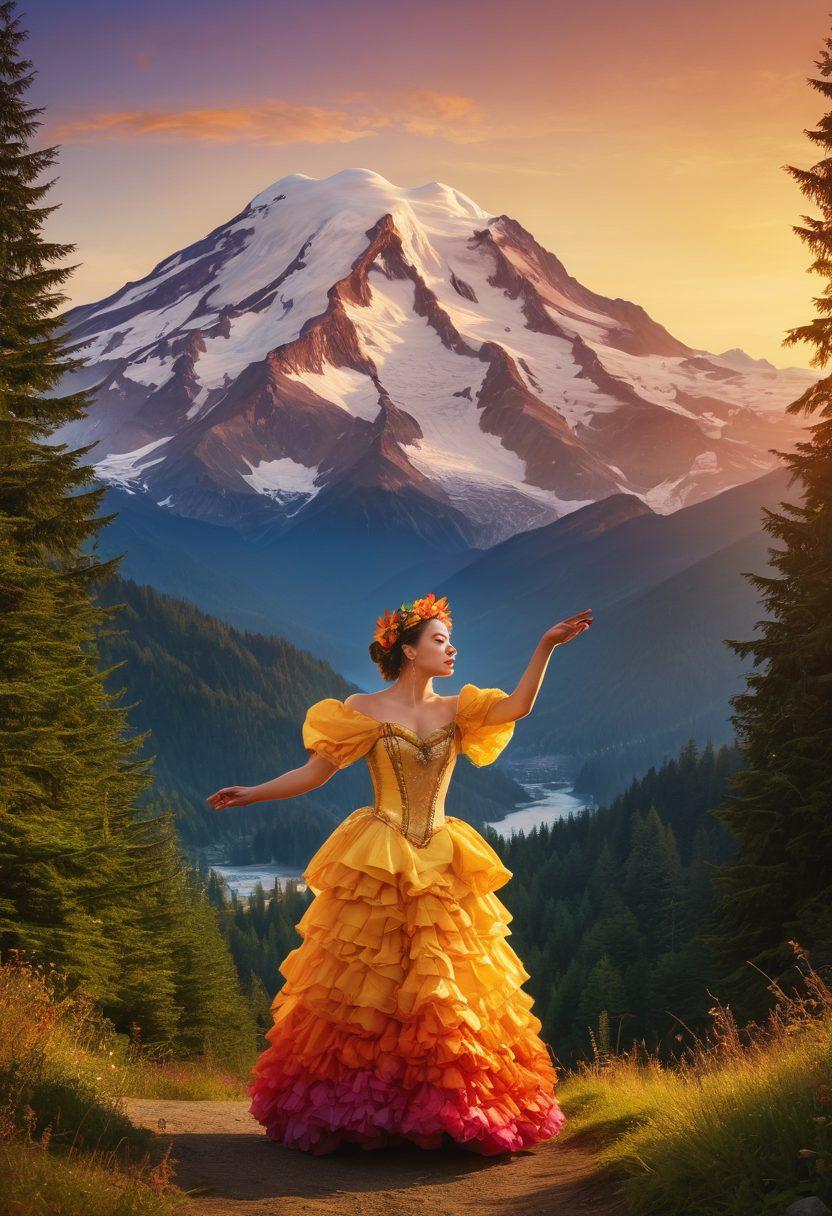 A picturesque view of Mount Baker surrounded by artists creating vibrant theatrical performances in a lush outdoor setting, showcasing colorful costumes and dynamic expressions. Include a backdrop of the majestic mountain, blending nature and culture as the sun sets, casting warm golden light on the scene. Capture the essence of transformation and creativity. super-realistic. vibrant colors. cinematic lighting.