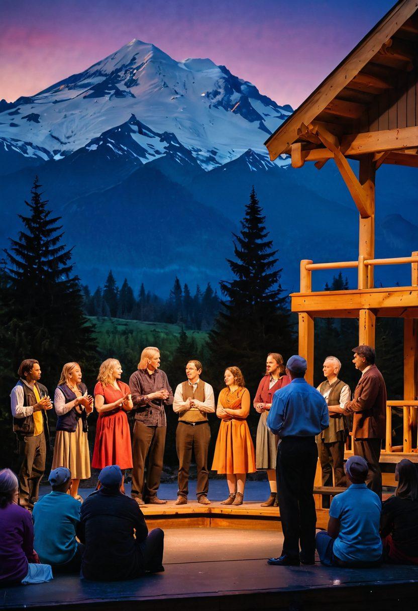 A vibrant community theatre scene set against the backdrop of Mount Baker, showcasing a diverse group of actors passionately performing on stage, surrounded by an enthusiastic audience. Soft, warm lighting illuminates the stage, depicting the raw emotion and unity of the performers and watchers. Include colorful banners and a scenic mountain view in the background to symbolize cultural transformation. super-realistic. vibrant colors. warm lighting.